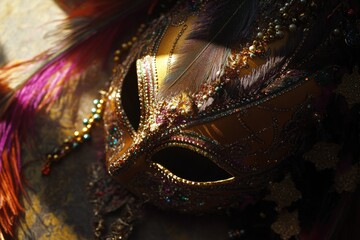 Poster - Close-up of a colorful carnival mask adorned with feathers, great for parties or festive events