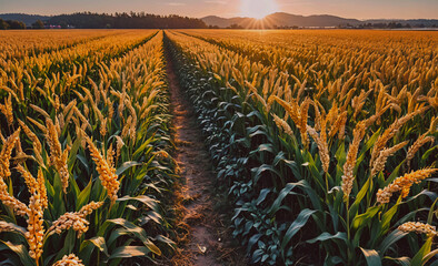 Poster - Field of golden wheat with a sun shining on it. The sun is in the background and the field is very long