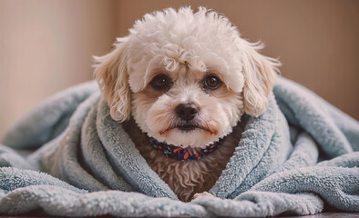 Poster - Small white dog is curled up in a blue blanket. The dog appears to be comfortable and relaxed, as it is resting on a bed