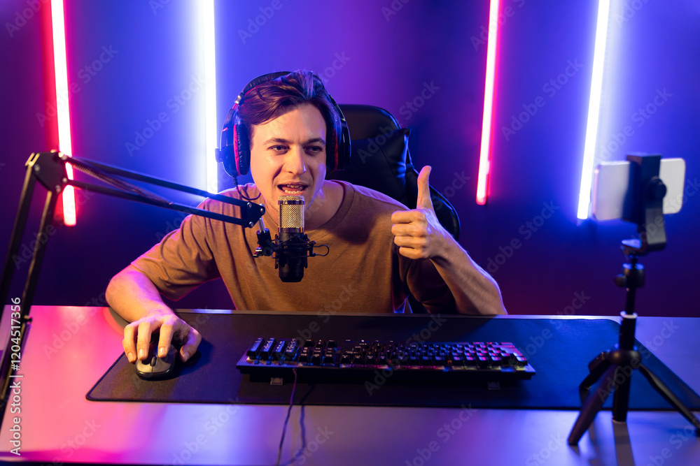 Host Streamer Host channel of gaming smart streamer playing online game, wearing ...