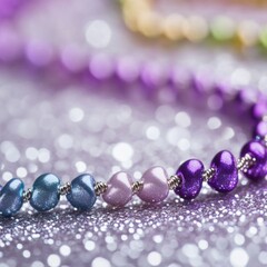 Poster - A detailed view of a beaded necklace lying on a table, great for jewelry or accessory photography