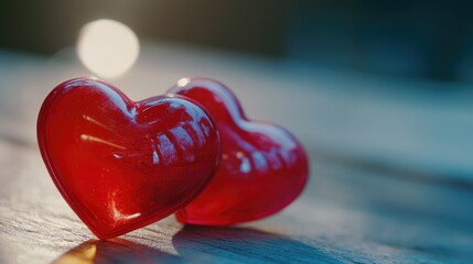 Poster - A pair of red hearts placed on a rustic wooden surface