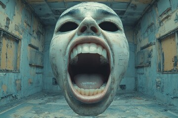 Poster - A sculpture of a human face with the mouth open, great for illustration and design use