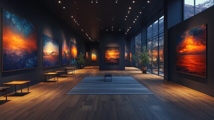 A large room filled with various paintings on the walls, great for decoration or art appreciation