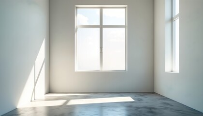 Poster - Empty room with large window. Sunlight creates shadows on floor. Modern minimalist interior design. Bright and clean space. Minimalist architecture. Light and shadows interplay.