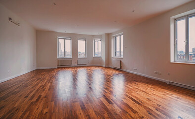Poster - Large, empty room with wooden floors and windows. The room is very spacious and has a clean, minimalist look