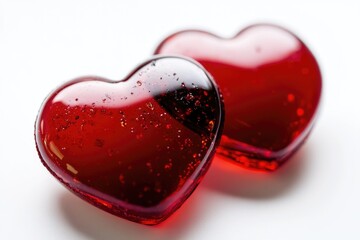 Canvas Print - Two red heart-shaped jellies sit on a white surface, perfect for confectionery or dessert photography