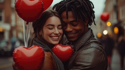 Poster - A couple holding red heart-shaped balloons, symbolizing love and togetherness