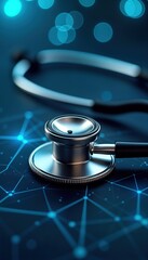 Aufkleber - Medical tech concept image. Stethoscope on network background. Modern medicine, healthcare. Tech innovation in health. Medical technology, connectivity. Digital health care future. Medical devices.