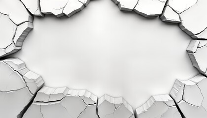 Poster - Cracked white surface creates unique frame. Abstract design with pattern of fissures. Damaged material. Empty space inside frame. Modern, artistic illustration. Blank background. Potential use in