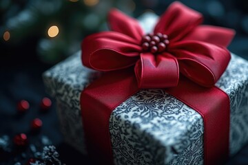 Poster - A gift box adorned with a bright red bow, perfect for special occasions and celebrations