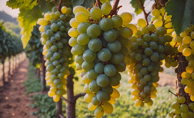 Poster - Bunch of grapes hanging from a vine. The grapes are green and shiny