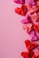 Poster - Group of paper hearts made by folding technique, colorful pink background