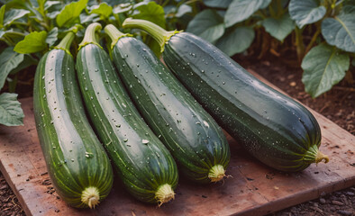 Poster - Four large green cucumbers are sitting on a wooden table. The cucumbers are shiny and wet, indicating that they have been recently watered. The table is surrounded by green plants, creating a lush and