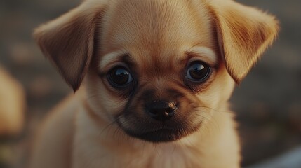 Poster - A small brown dog with distinctive big blue eyes, looking directly at the camera
