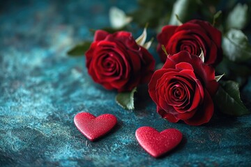 Poster - A bouquet of three red roses and two red hearts on a blue surface