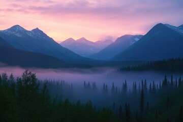 Poster - A misty valley lies at the foot of a majestic mountain range, perfect for use as a scenic backdrop or to evoke a sense of mystery