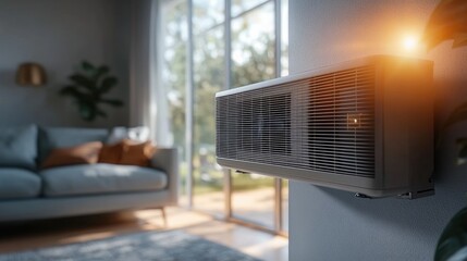 Poster - Air conditioning unit installed on the wall of a cozy living room, perfect for home use