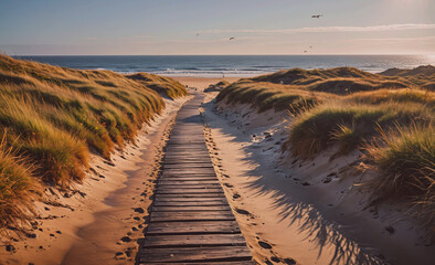 Poster - Beach walkway with a wooden boardwalk leading to the ocean. The beach is empty and the sky is clear