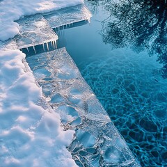 Canvas Print - Ice Edges and Water Textures in a Cold Environment with Reflections of Bare Tree Limbs