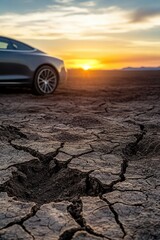 Poster - A car parked in the middle of a desert at sunset, with a warm orange glow