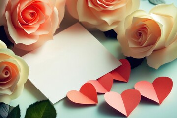 Wall Mural - A arrangement of paper hearts and roses on a table, ideal for romantic occasions or celebrations