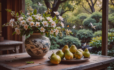 Poster - Vase of flowers sits on a wooden table next to a plate of pears. The pears are arranged in a neat row, and the flowers add a touch of color and life to the scene