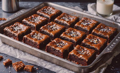 Poster - Tray of brownies sits on a table with a glass of milk. The brownies are cut into squares and are covered in chocolate