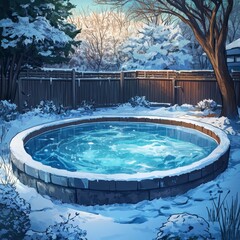 Canvas Print - Outdoor Hot Tub Amidst Snowy Winter Scene with Trees and Fence in the Background Landscape