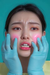 Poster - A woman in blue gloves holds her hands up to her face, concealing her identity