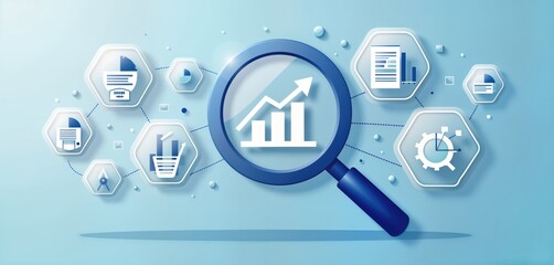 Poster - Modern graphic illustration highlights business analysis tools, financial market trends. Magnifying glass focuses on growth chart, data analysis. Different interconnected elements showcase research