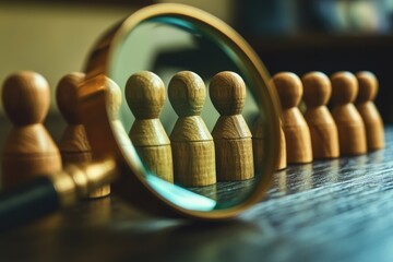 Poster - A group of wooden mannequins standing in front of a magnifying mirror