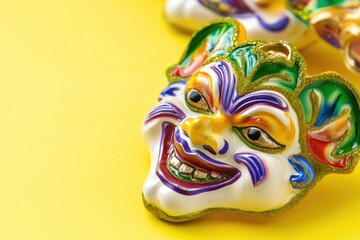 Poster - A close-up view of a colorful clown mask on a bright yellow background, ideal for illustrations and designs
