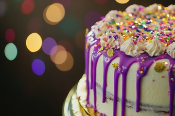 Poster - A beautifully decorated cake featuring white cake and purple icing, topped with colorful sprinkles