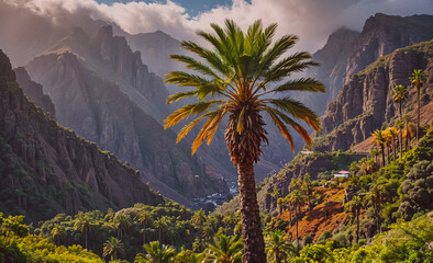 Fototapete - Palm tree stands in the middle of a lush green valley. The mountains in the background create a sense of depth and tranquility