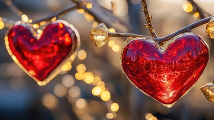 Poster - A pair of red glass hearts suspended from a tree branch, perfect for romantic and whimsical scenes