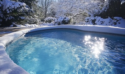 Canvas Print - Outdoor Swimming Pool Partially Frozen With Snow On The Edges In Winter Time