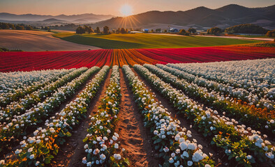 Poster - Field of flowers with a sun in the background. The sun is setting and the sky is a mix of colors