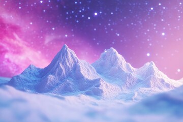 Wall Mural - Snowy mountain range under a vibrant purple and pink night sky, speckled with stars.
