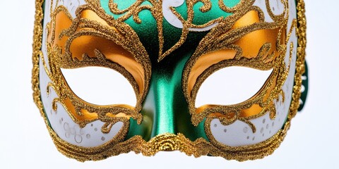 Poster - A detailed view of a colorful mask with green and gold hues