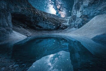 Wall Mural - Milky Way galaxy reflected in a still, dark pool nestled within towering, rocky mountains.
