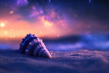 Wall Mural - Seashell on sandy beach under a vibrant, starlit night sky.