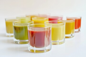 Poster - A collection of glasses containing variously colored substances, suitable for use in science, chemistry or laboratory settings