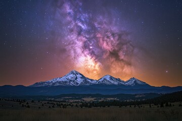 Wall Mural - Milky Way galaxy arching over snow-capped mountains in a breathtaking night scene.