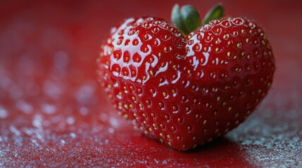 Aufkleber - Close-up shot of a strawberry on a vibrant red surface, perfect for food or still life photography