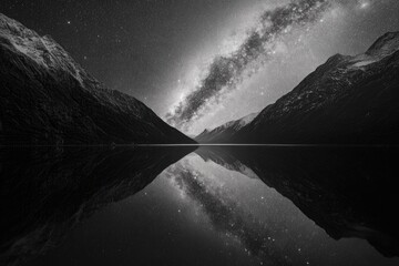 Wall Mural - Milky Way galaxy reflected in a serene mountain lake under a starlit night sky.