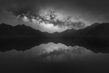Wall Mural - Milky Way galaxy reflected in a still lake, framed by dark mountains under a starlit sky.