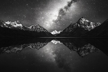 Wall Mural - A mesmerizing black and white landscape of snow-capped mountains reflecting in a still lake under a starry sky.