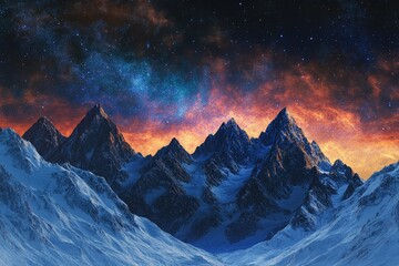 Wall Mural - Majestic snow-capped mountains rise under a vibrant, star-filled night sky.