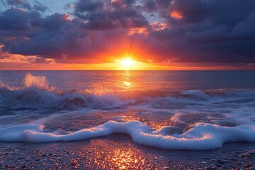 Poster - Beautiful sunset scene over the ocean on a beach, perfect for travel or lifestyle images